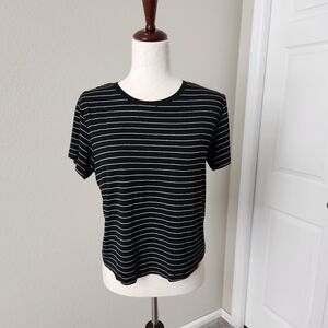 Cece Women's Short Sleeve Crop Tee Black White Stripe Size S